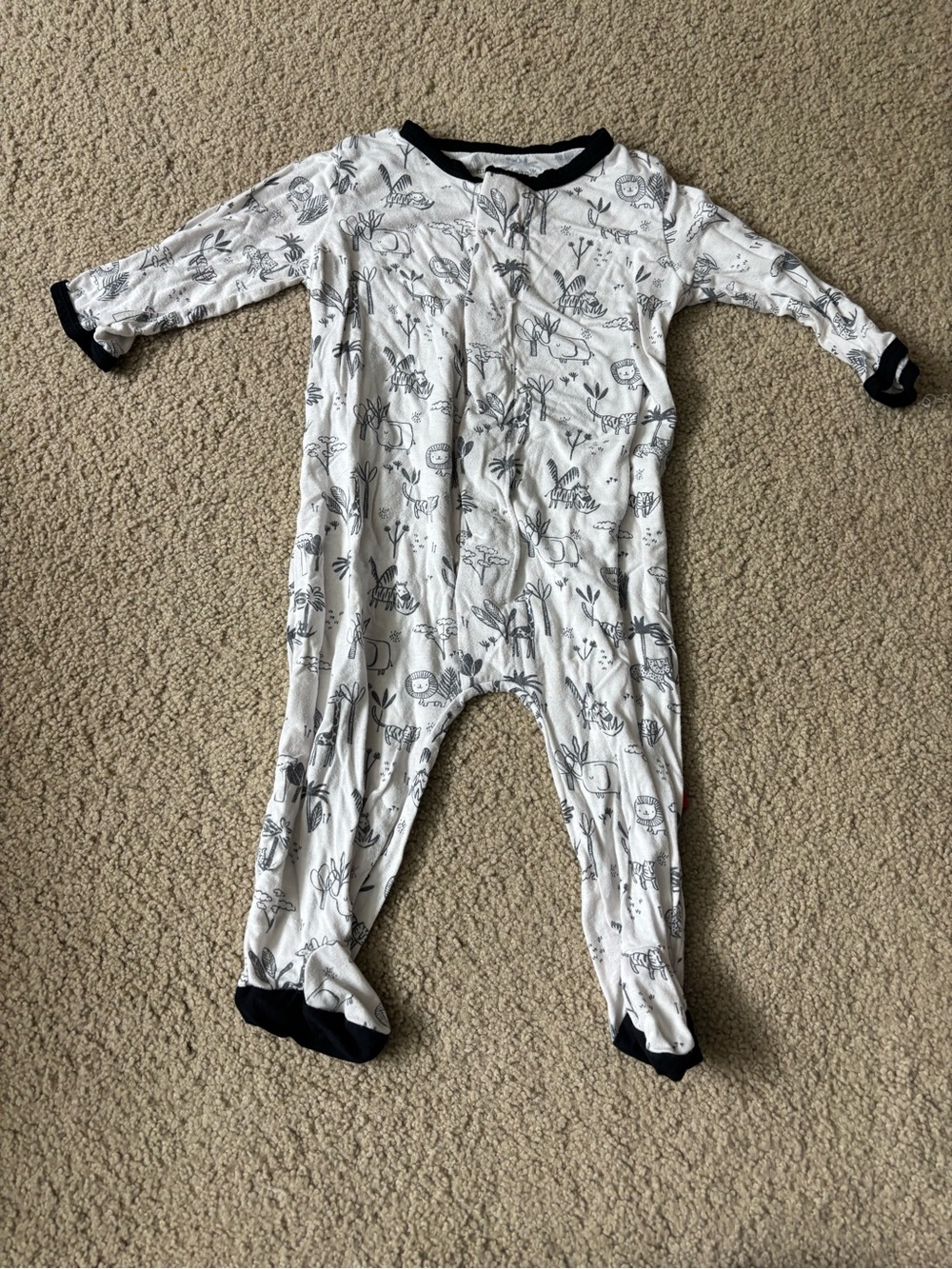 Magnetic Me White Safari-Print Footed One-Piece with Black Trim: 3-6 Months
